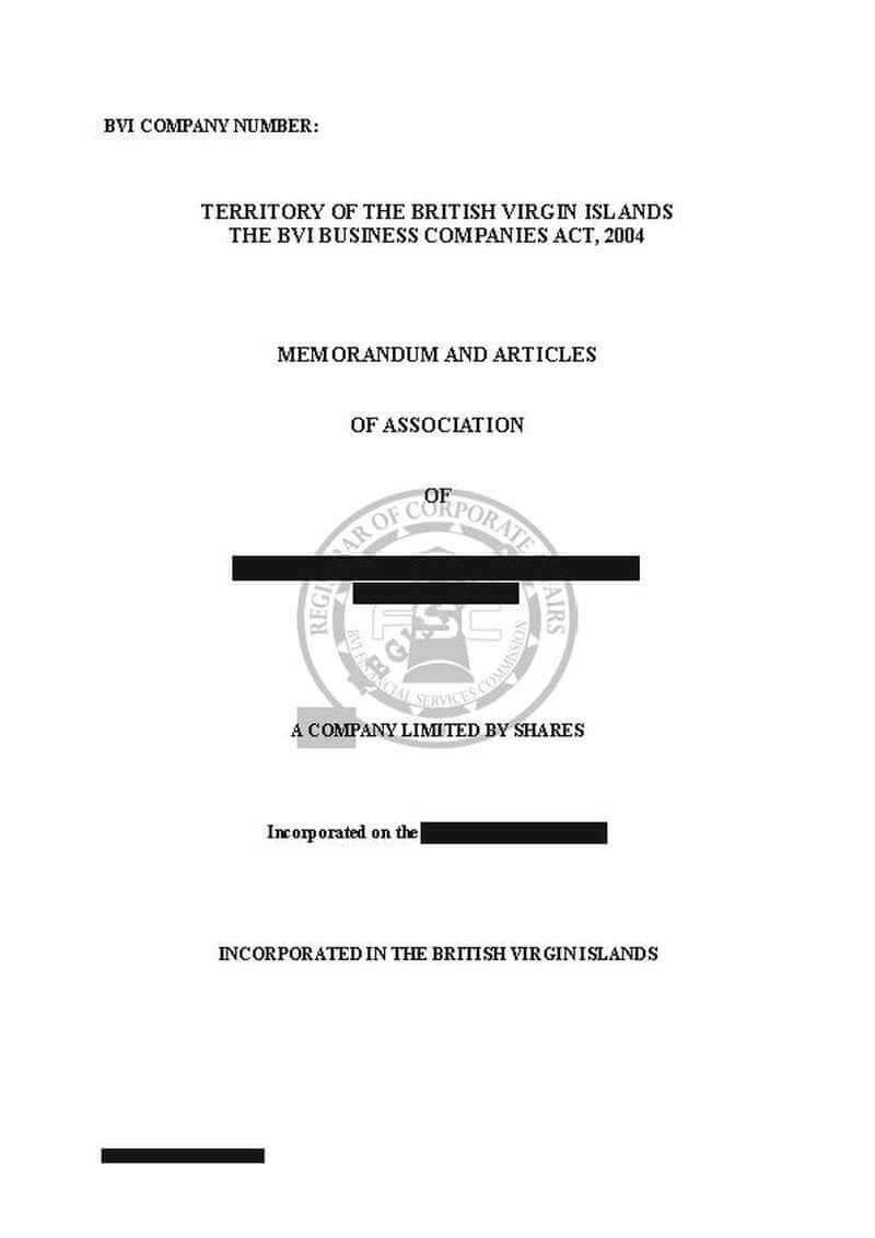 Sample BVI Memorandum and Articles of Association