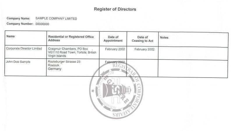 Sample Register of Directors BVI