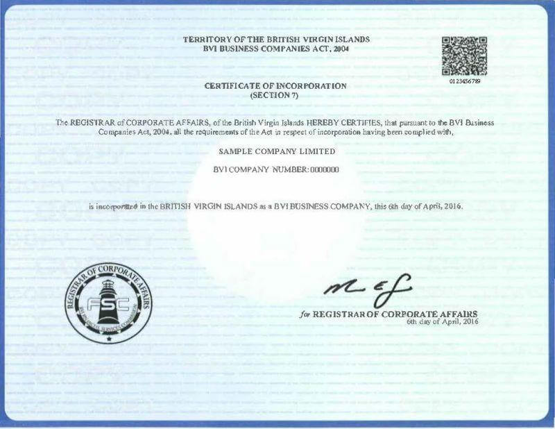BVI Company Certificate of Incorporation sample (printed)