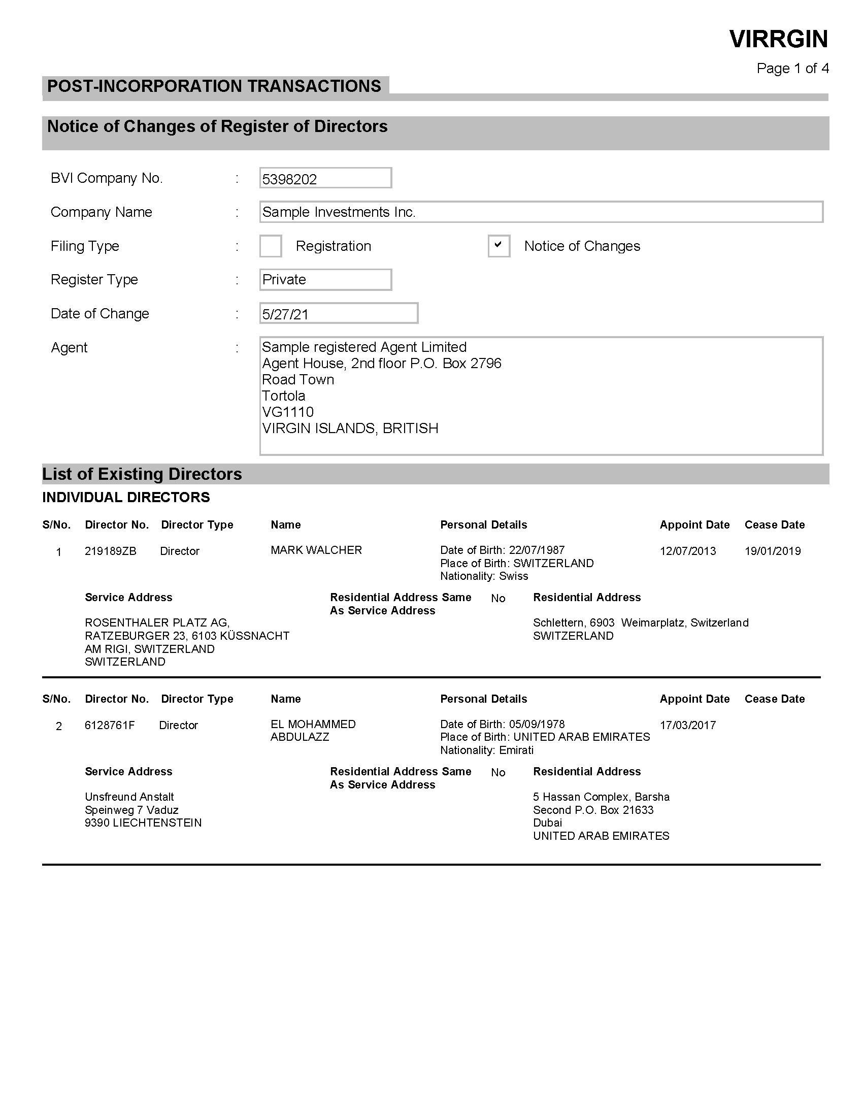 BVI VIRRGIN Sample Director List