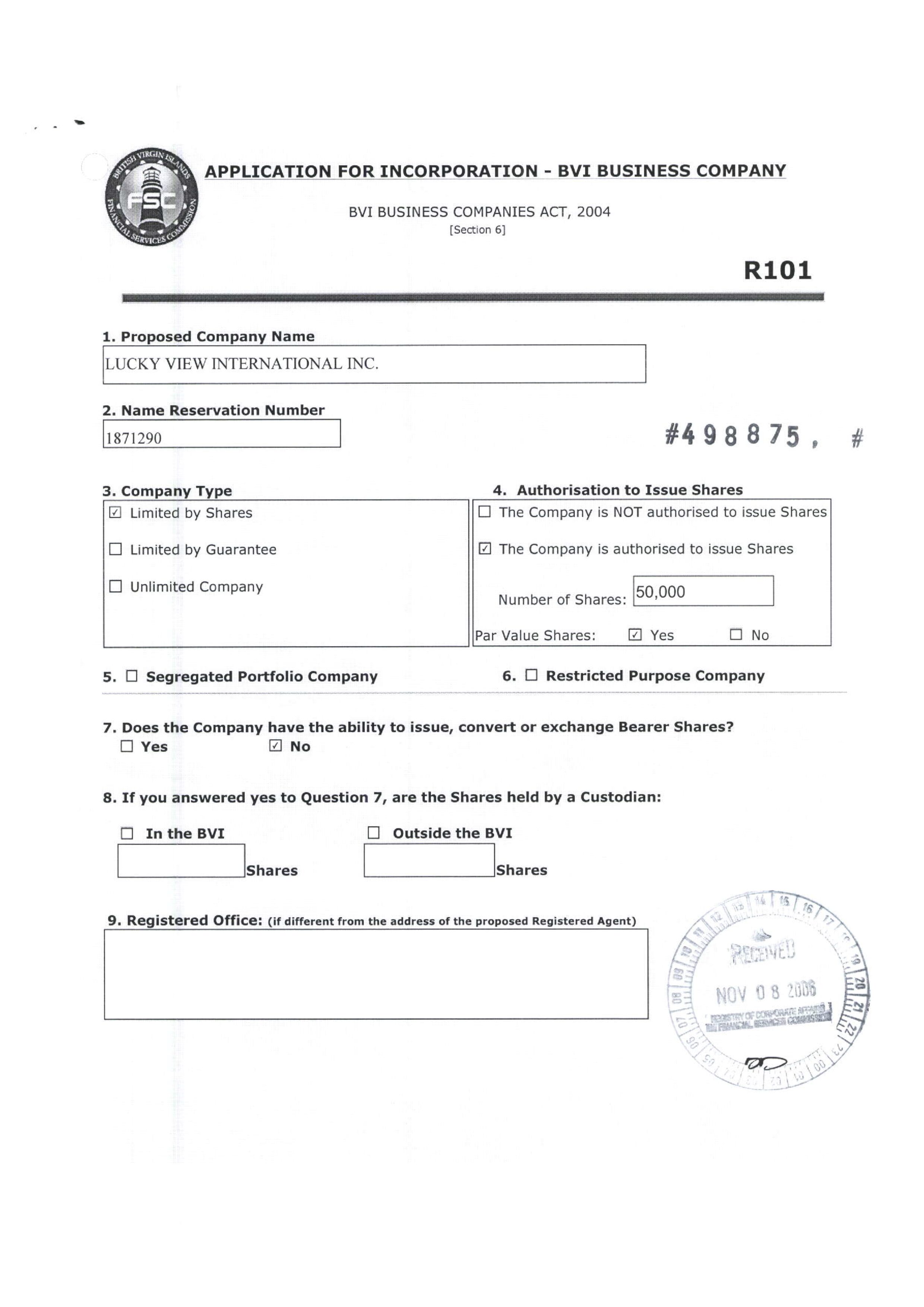 Sample BVI Application for Incorporation