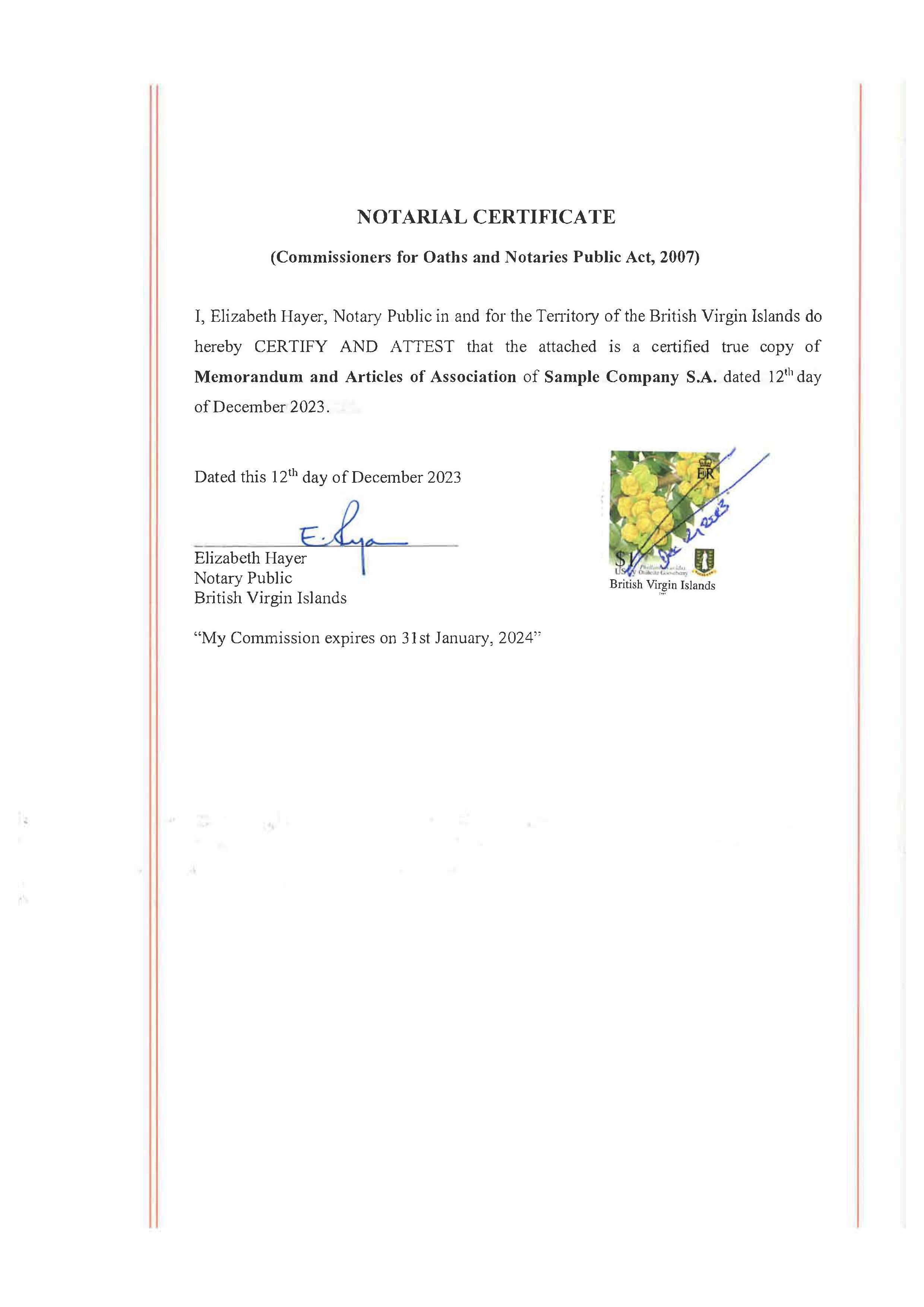 BVI Notarial Certificate Sample