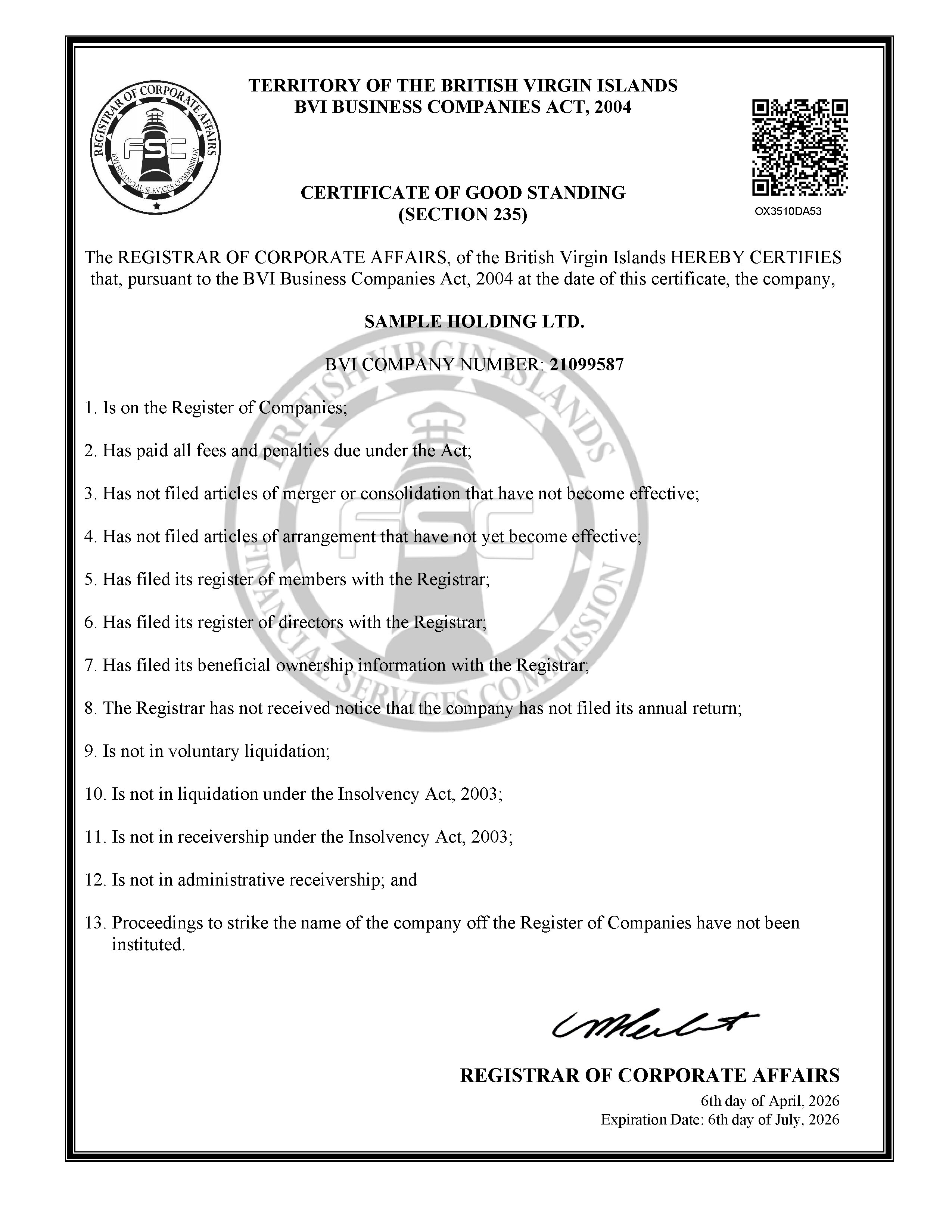 BVI Company Certificate of Good Standing sample