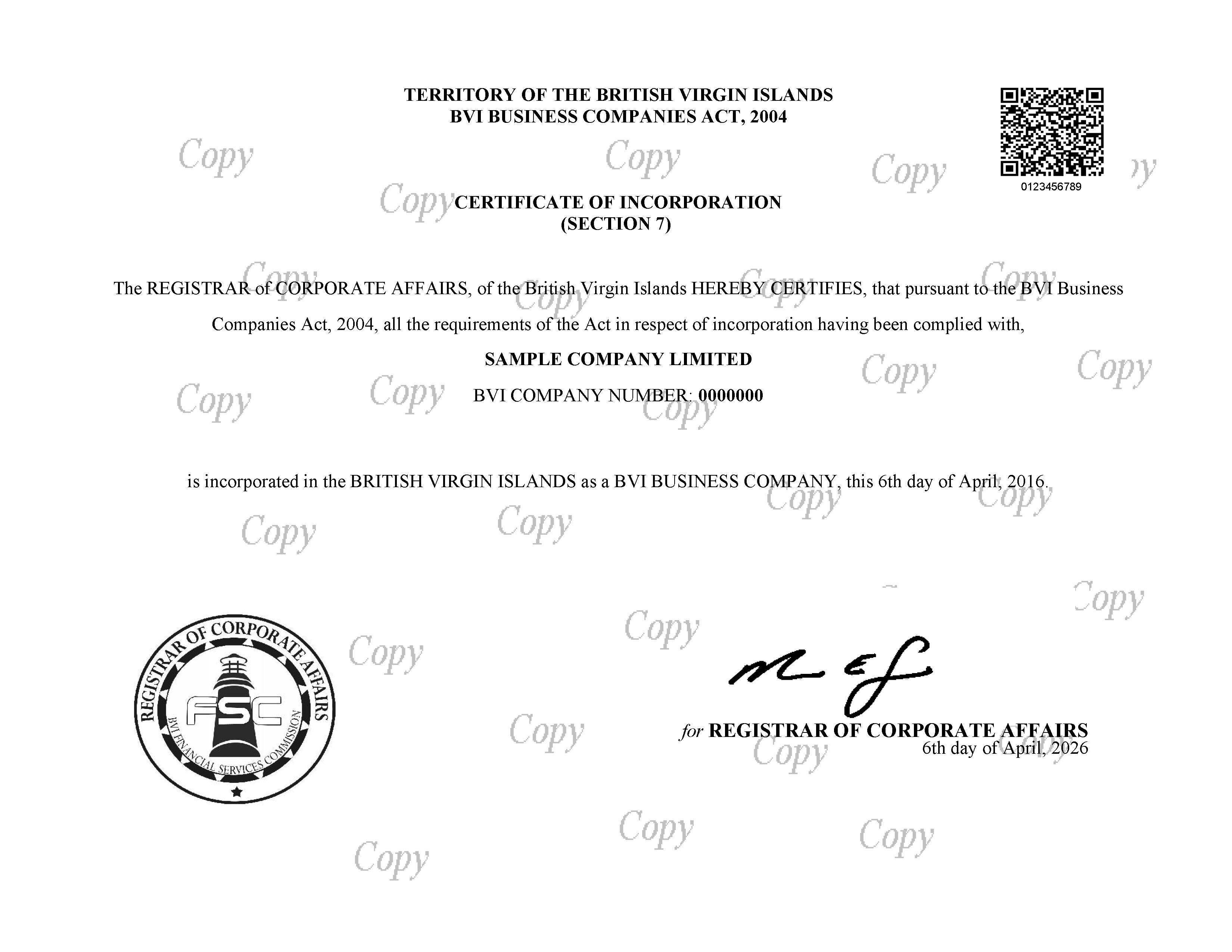 BVI Company Certificate of Incorporation Sample (electronic)