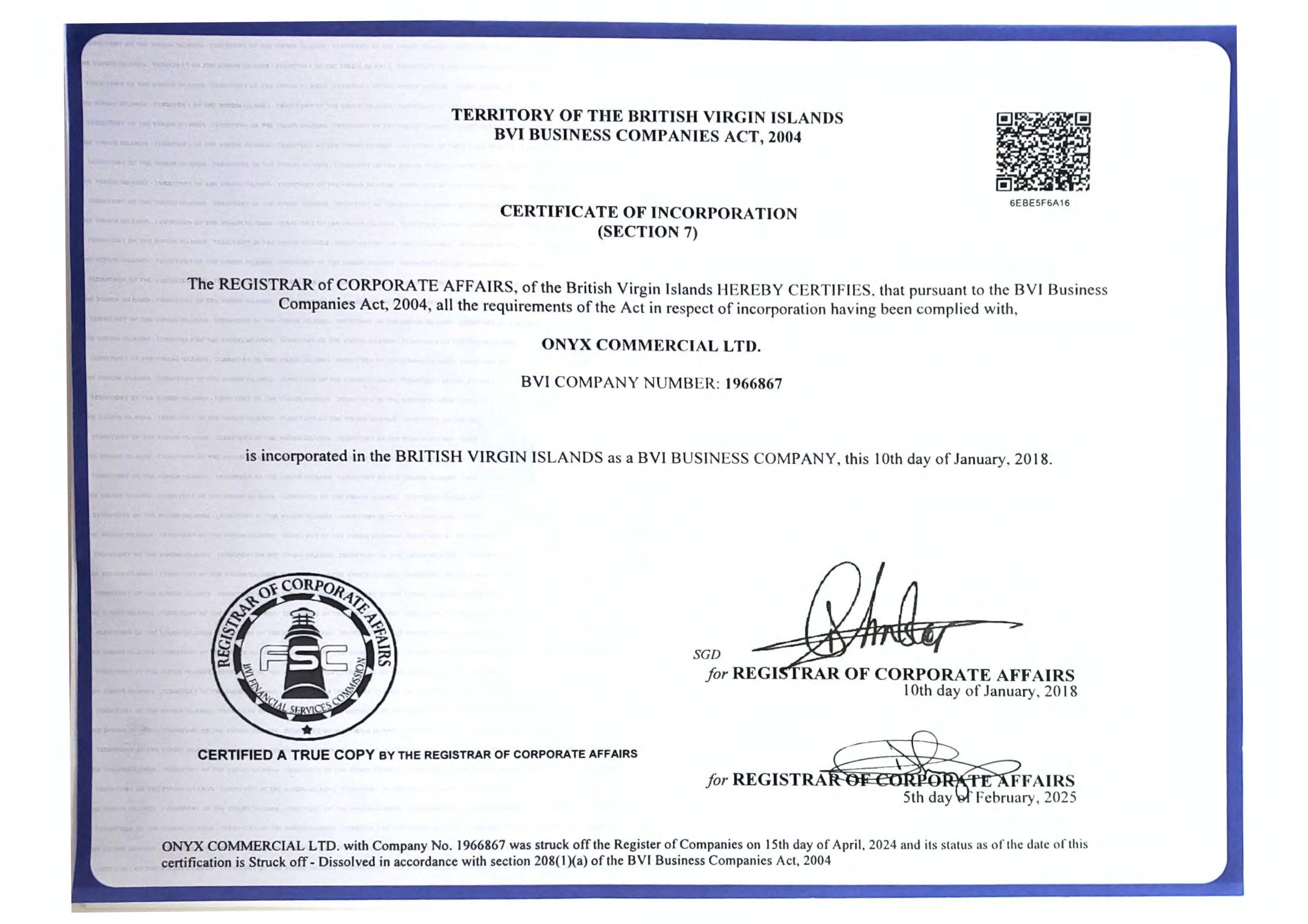 BVI Company Certificate of Incorporation sample (printed)
