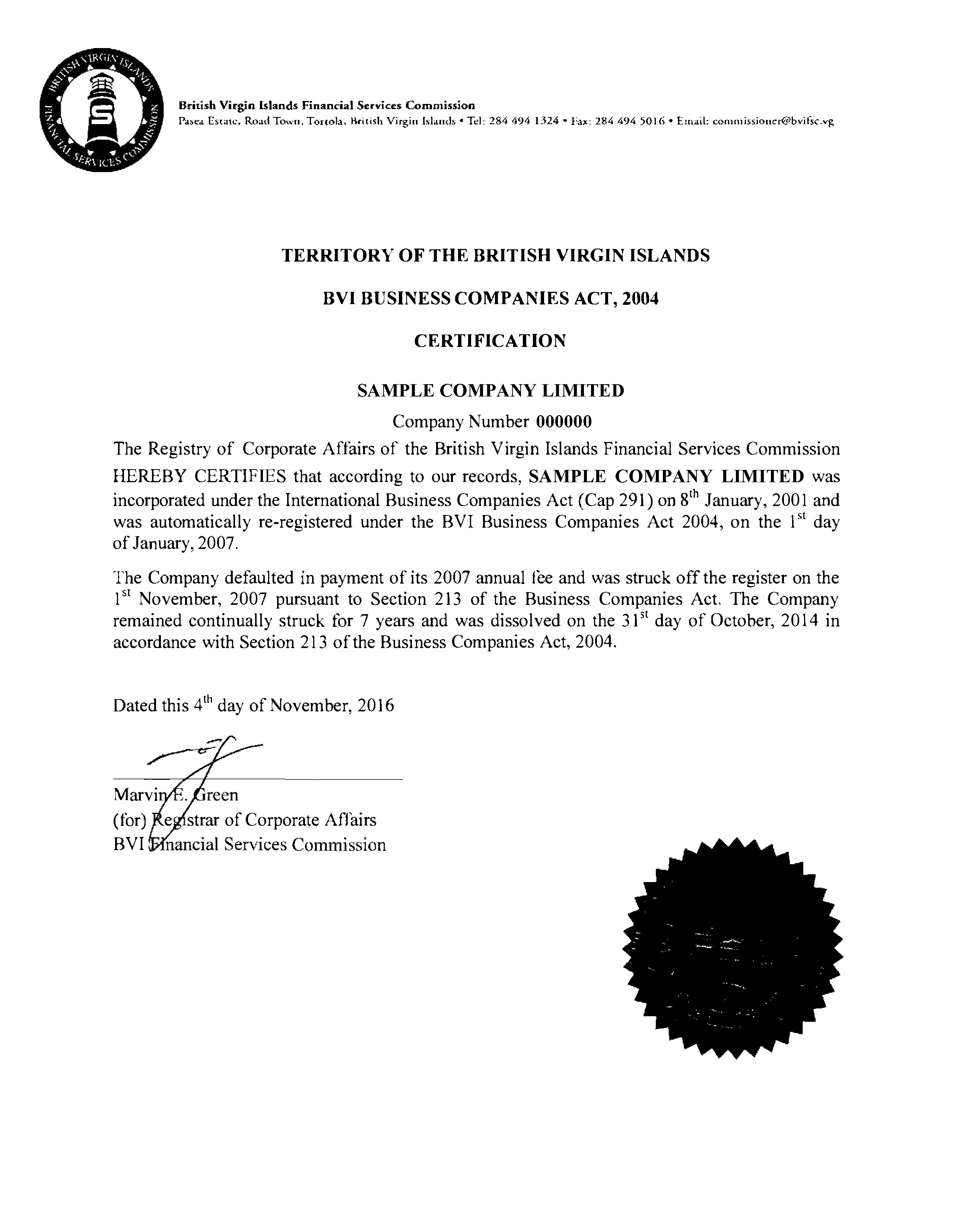 BVI Company Struck Off Certificate sample
