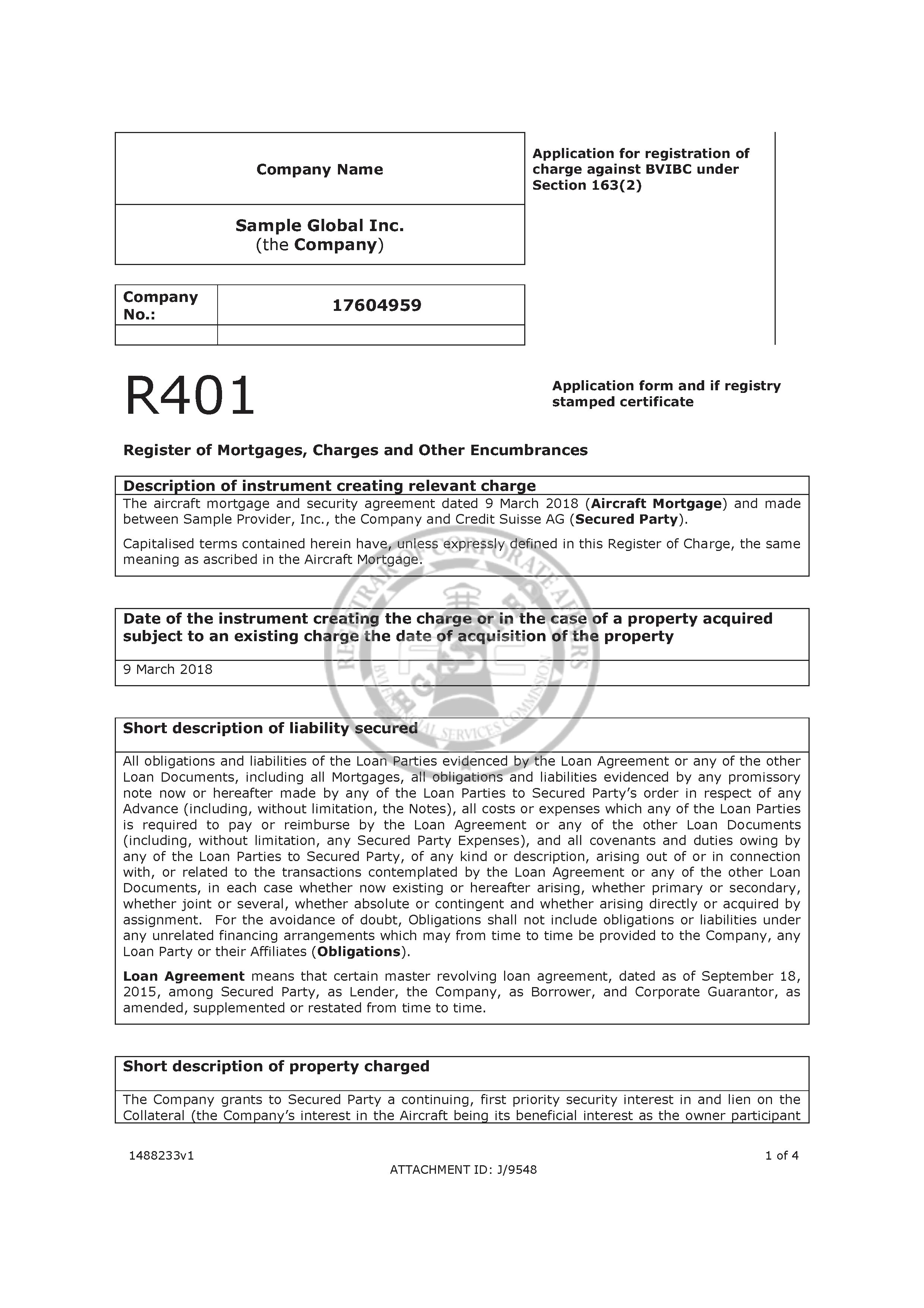 BVI Company Registration of Charge sample