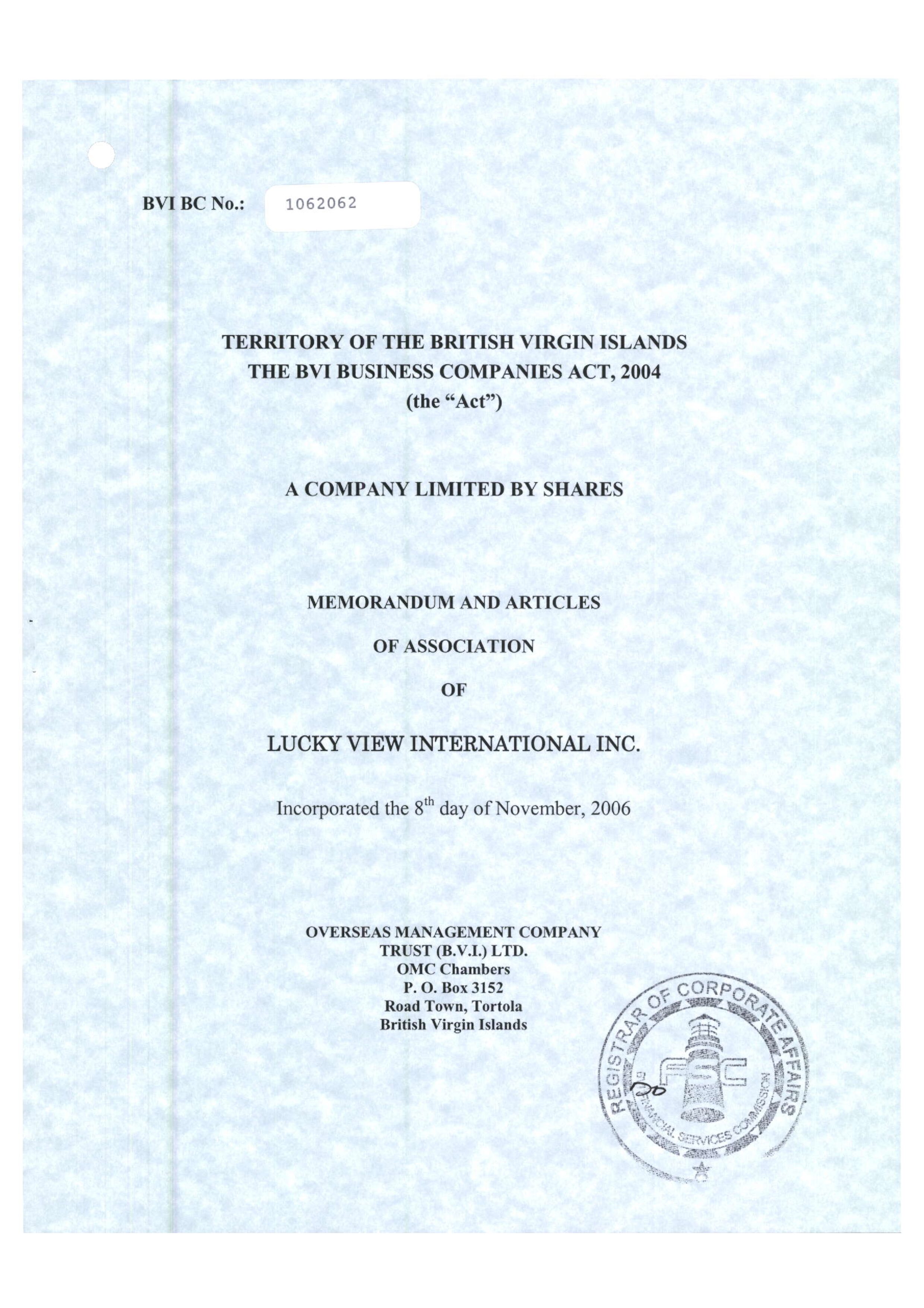 Sample BVI Memorandum & Articles of Association