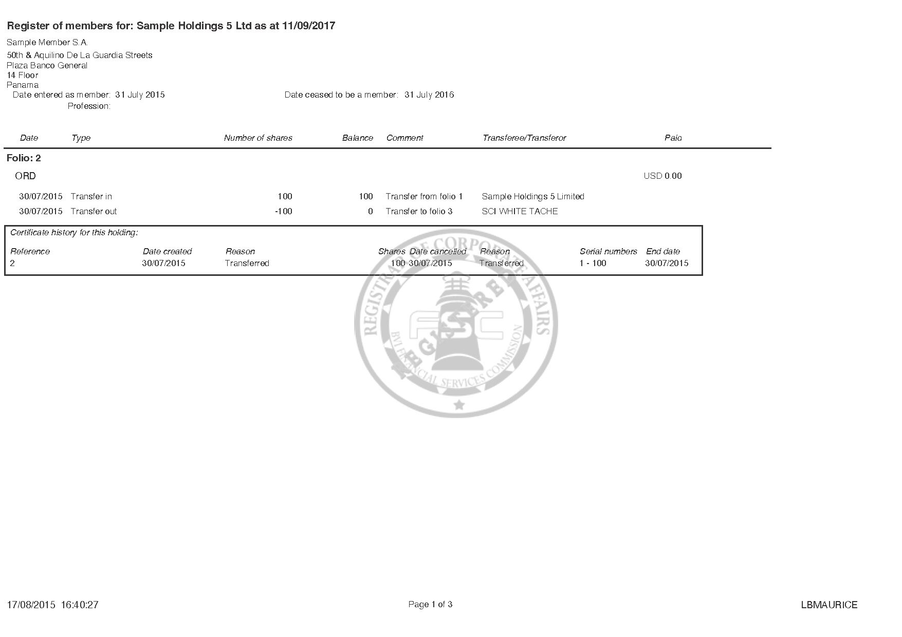 Sample BVI Register of Members alternate version